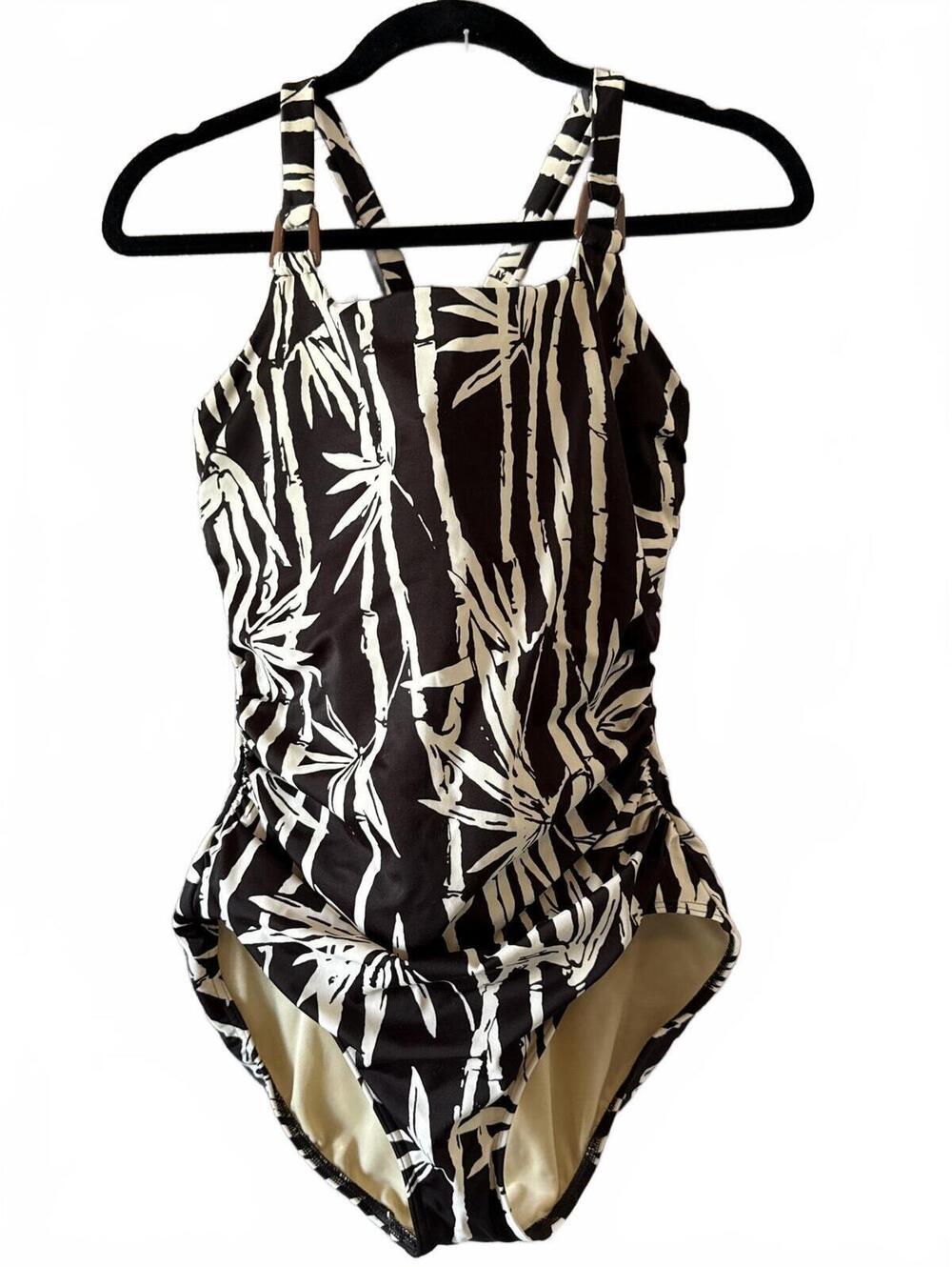 Lands' End Women's One-Piece Swimsuit Size 10 Black with Beige Bamboo Print